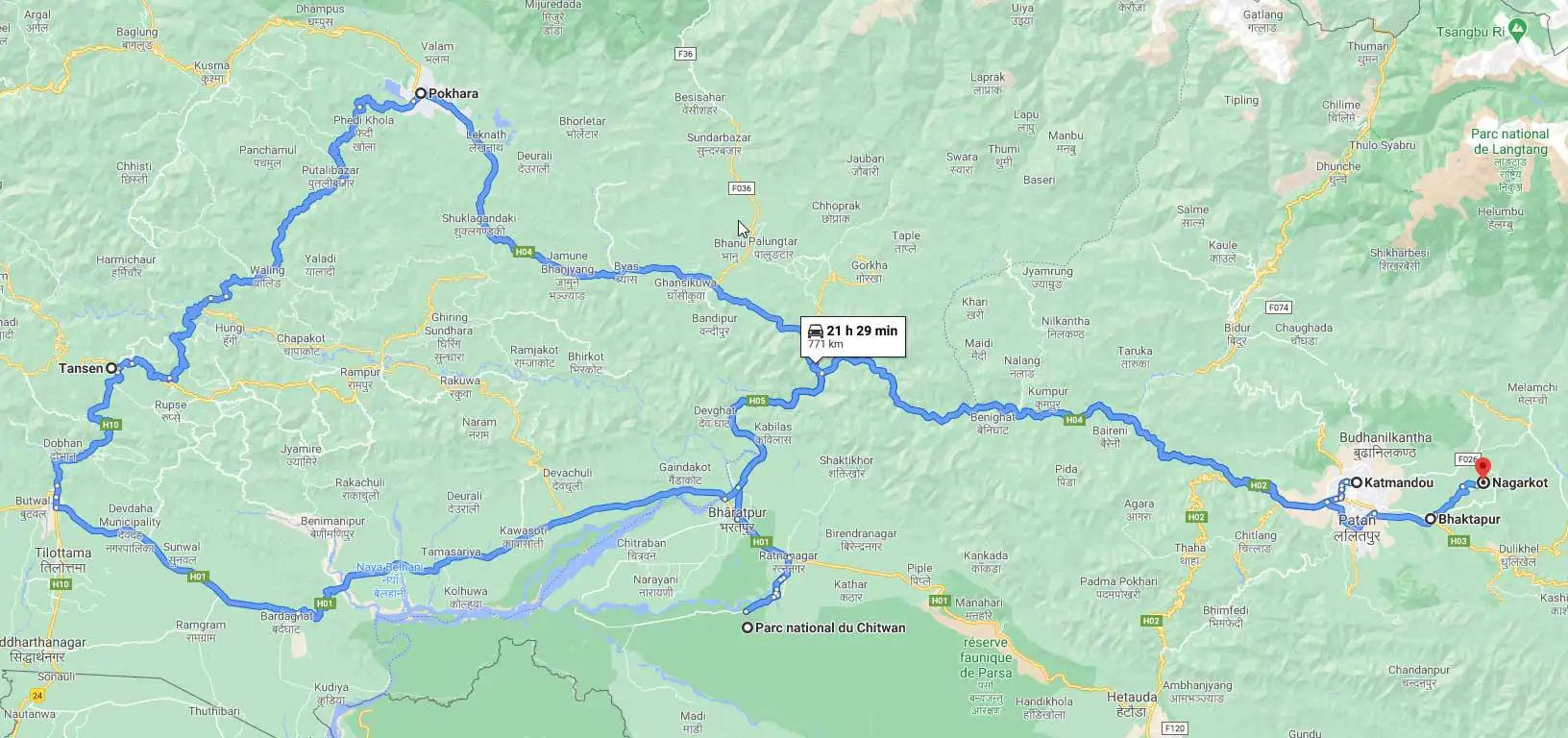 Carte détaillée de mon itinéraire au Népal